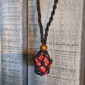 Red Swirl Art Glass Handmade Tumbled Pendant Necklace Black Braided Cord J2427